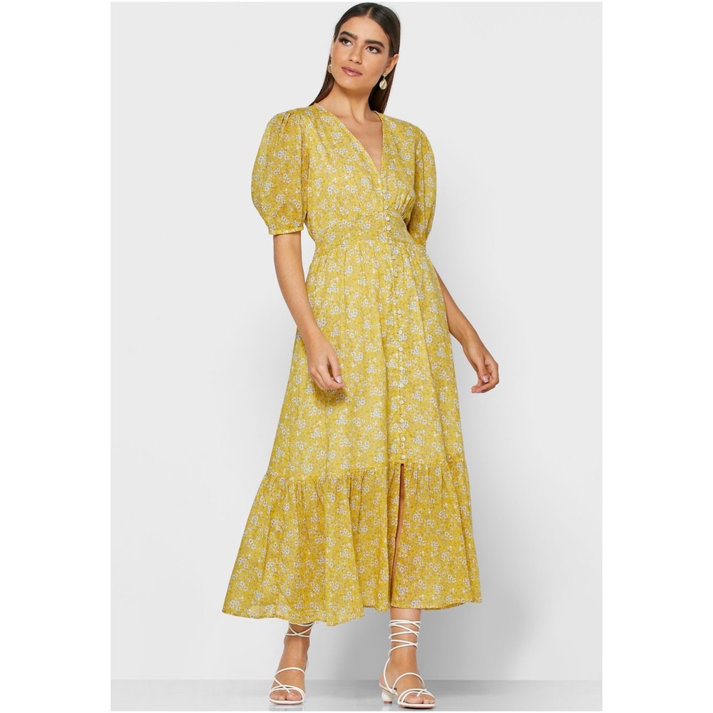 MNG yellow white floral button down dress